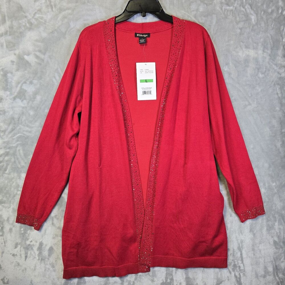 NWT By Design Open Front Cardigan Sweater Womens L Red Black Mirror Beads Pocket